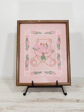 Handmade Framed Embroidered Bear Flowers Tulips nursery baby girls bedroom
